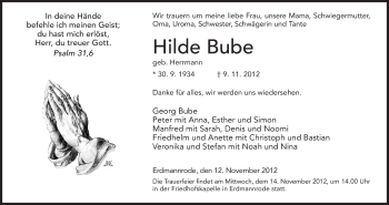 Traueranzeige von Hilde Bube von Hersfeld