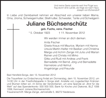 Traueranzeige von Juliane Büchsenschütz von Hersfeld