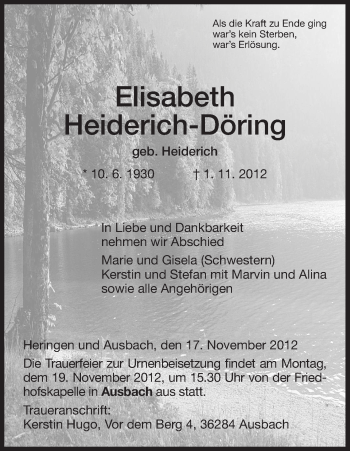 Traueranzeige von Elisabeth Heiderich-Döring von Hersfeld
