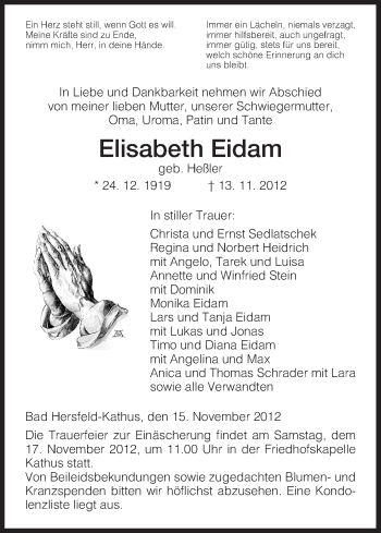 Traueranzeige von Elisabeth Eidam von Hersfeld