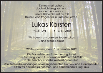 Traueranzeige von Lukas Kärsten von Hersfeld