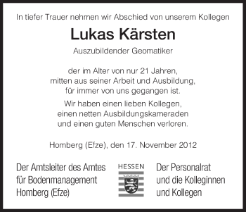 Traueranzeige von Lukas Kärsten von Hersfeld