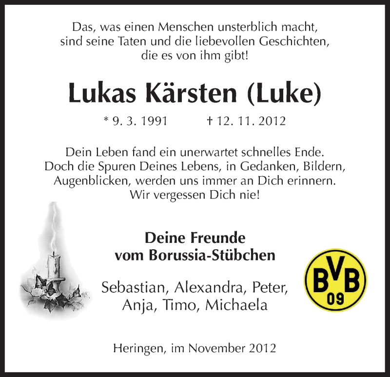  Traueranzeige für Lukas Kärsten vom 16.11.2012 aus Hersfeld