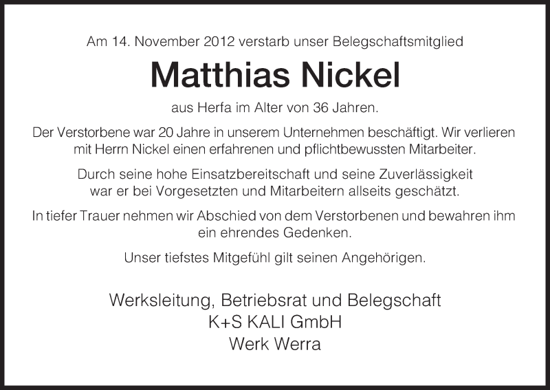  Traueranzeige für Matthias Nickel vom 17.11.2012 aus Hersfeld