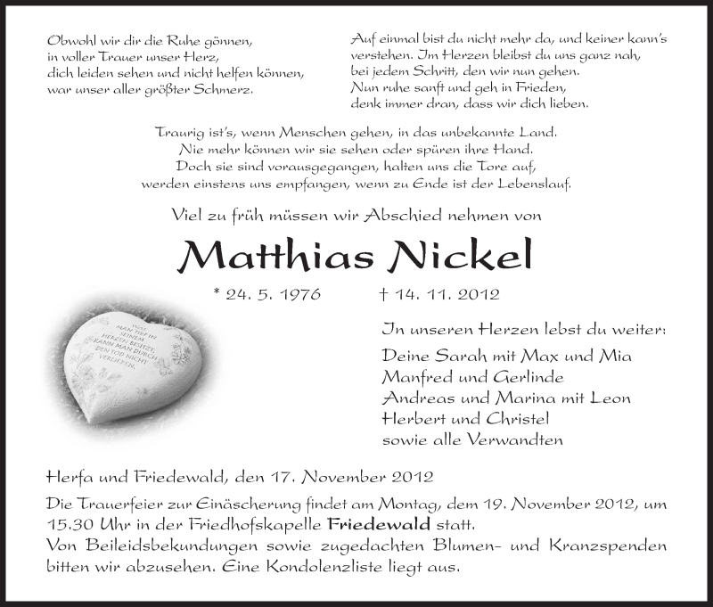  Traueranzeige für Matthias Nickel vom 17.11.2012 aus Hersfeld