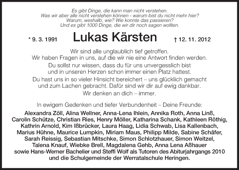  Traueranzeige für Lukas Kärsten vom 19.11.2012 aus Hersfeld