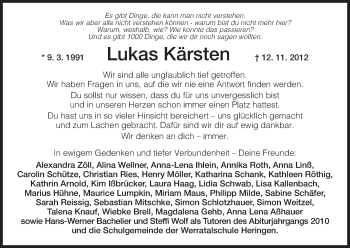 Traueranzeige von Lukas Kärsten von Hersfeld