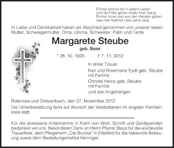 Traueranzeige von Margarete Steube von Hersfeld