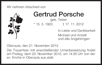 Traueranzeige von Gertrud Porsche von Hersfeld