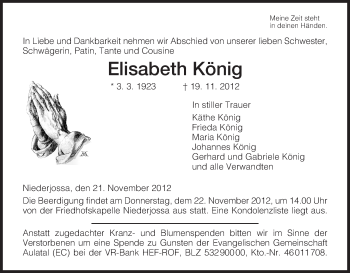 Traueranzeige von Elisabeth König von Hersfeld