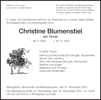 Traueranzeige von Christine Blumenstiel von Hersfeld