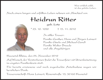 Traueranzeige von Heidrun Ritter von Hersfeld