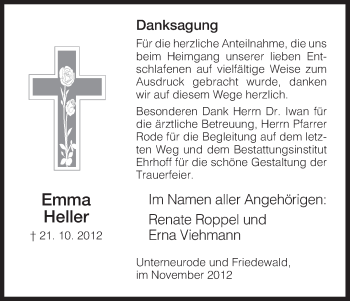 Traueranzeige von Emma Heller von Hersfeld