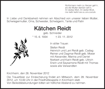 Traueranzeige von Kätchen Reidt von Hersfeld