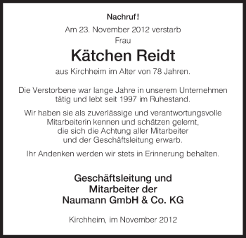 Traueranzeige von Kätchen Reidt von Hersfeld