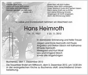 Traueranzeige von Hans Heimroth von Hersfeld