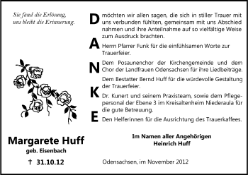 Traueranzeige von Margarete Huff von Hersfeld