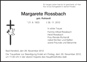 Traueranzeige von Margarete Rossbach von Hersfeld