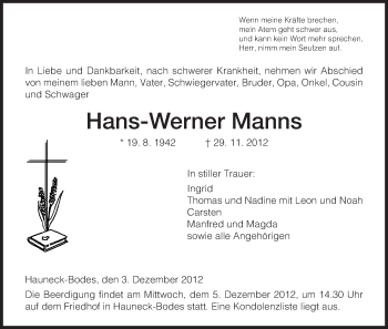 Traueranzeige von Hans-Werner Manns von Hersfeld