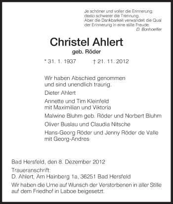 Traueranzeige von Christel Ahlert von Hersfeld
