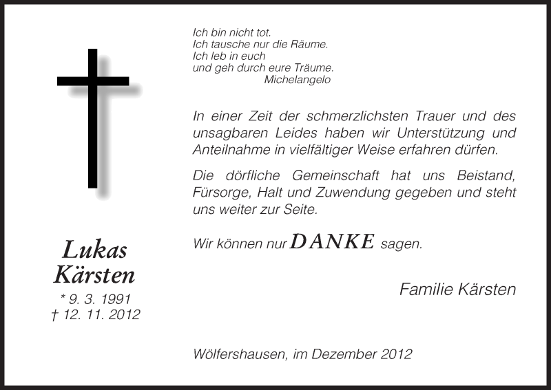  Traueranzeige für Lukas Kärsten vom 05.12.2012 aus Hersfeld