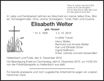 Traueranzeige von Elisabeth Welter von Hersfeld