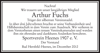 Traueranzeige von Arthur Fuchs von Hersfeld