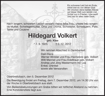 Traueranzeige von Hildegard Volkert von Hersfeld