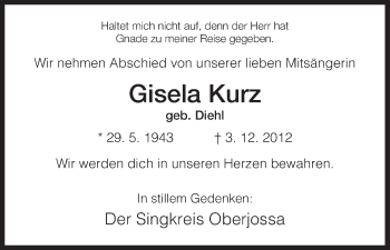 Traueranzeige von Gisela Kurz von Hersfeld