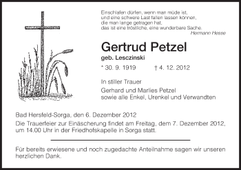 Traueranzeige von Gertrud Petzel von Hersfeld