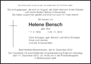 Traueranzeige von Helene Bensch von Hersfeld