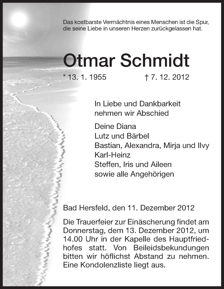  Traueranzeige für Otmar Schmidt vom 11.12.2012 aus Hersfeld