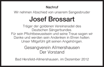 Traueranzeige von Josef Brossart von Hersfeld