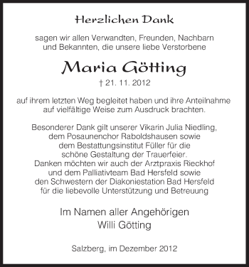 Traueranzeige von Maria Götting von Hersfeld