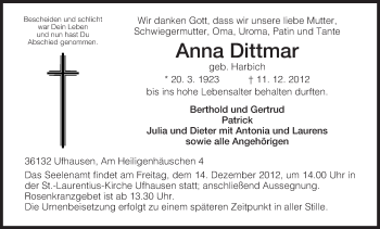 Traueranzeige von Anna Dittmar von Hersfeld