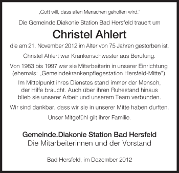Traueranzeige von Christel Ahlert von Hersfeld