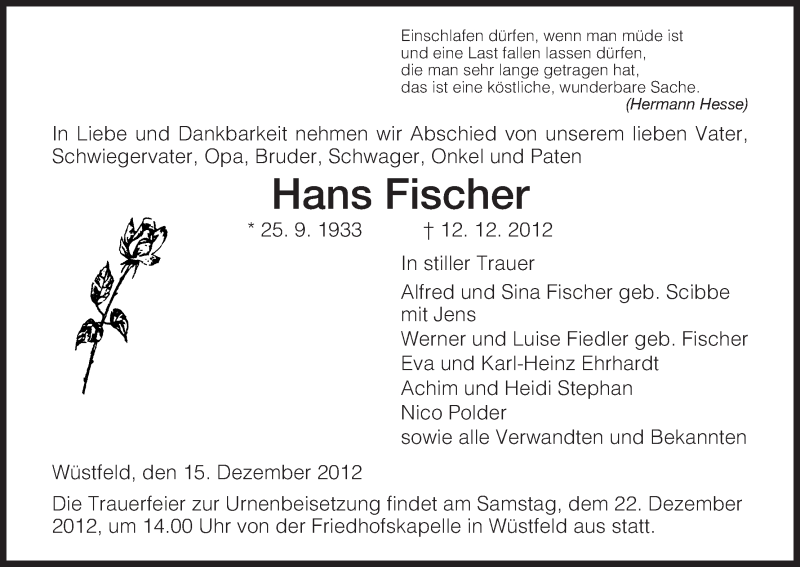  Traueranzeige für Hans Fischer vom 15.12.2012 aus Hersfeld