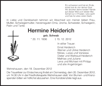 Traueranzeige von Hermine Heiderich von Hersfeld