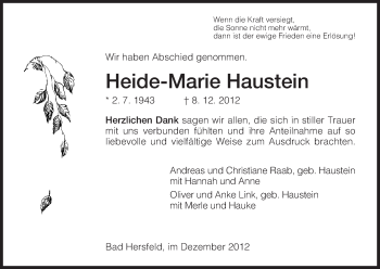 Traueranzeige von Heide Marie Haustein von Hersfeld
