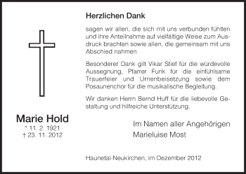 Traueranzeige von Marie Hold von Hersfeld