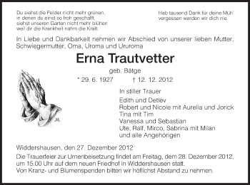 Traueranzeige von Erna Trautvetter von Hersfeld