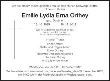 Traueranzeige von Emilie Lydia Erna Orthey von Hersfeld