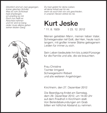 Traueranzeige von Kurt Jeske von Hersfeld