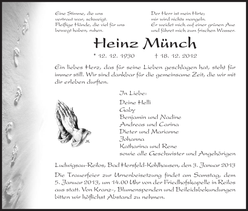  Traueranzeige für Heinz Münch vom 03.01.2013 aus Hersfeld