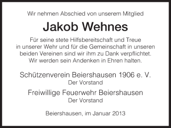 Traueranzeige von Jakob Wehnes von Hersfeld