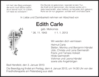 Traueranzeige von Edith Carle von Hersfeld