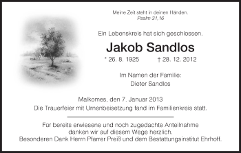 Traueranzeige von Jakob Sandlos von Hersfeld