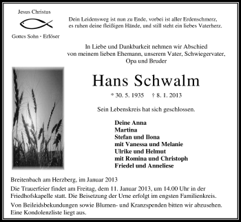 Traueranzeige von Hans Schwalm von Hersfeld