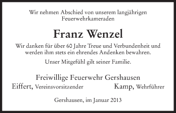 Traueranzeige von Franz Wenzel von Hersfeld