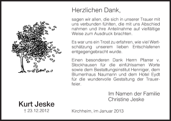 Traueranzeige von Kurt Jeske von Hersfeld